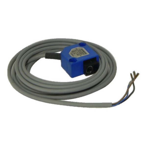 Sensor optico reflex  30X30X15 mm, Fibra optica ajustable, alimentacion 10-36 VDC, transistor PNP-NO, cable 2 mts, plastico