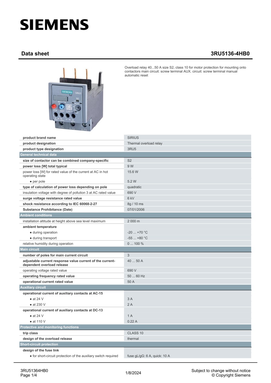 Relé de sobrecarga 17…22 A térmico para protección de motores tamaño S0, clase 10 para montar en contactor Circuito principal: atornillable circuito auxiliar: atornillable Rearme manual/automático, FABRICADO POR SIEMENS EN CHINA