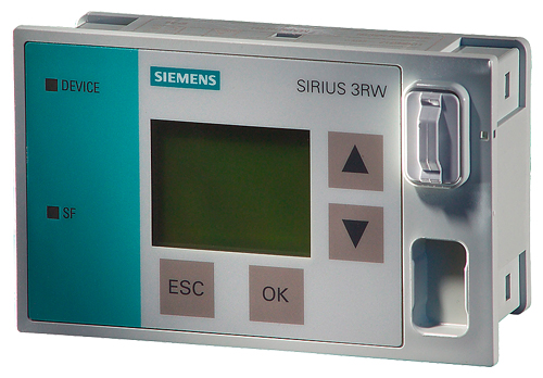 Módulo externo de visualización y módulo de manejo para arrancador suave SIRIUS 3RW44 Cable de conexión, p. ej., 2,5 m (3UF7933-0BA00-0) no incluido en el volumen de suministro Versión de firmware requerida 3RW44 >= *E05*. Implementado en arrancadores 3RW