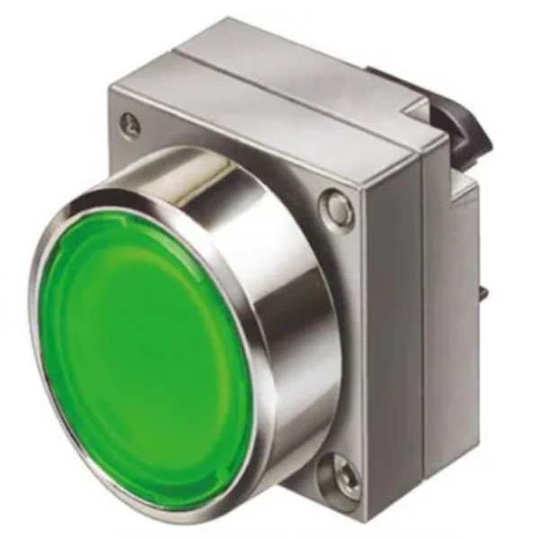 PULSADOR LUMINOSO, 22MM, REDONDA, METAL, VERDE, BOTÓN, RASANTE, CON SOPORTE PARA 3 ELEMENTOS, CON SOPORTE, RESISTENTE A DISOLVENTES