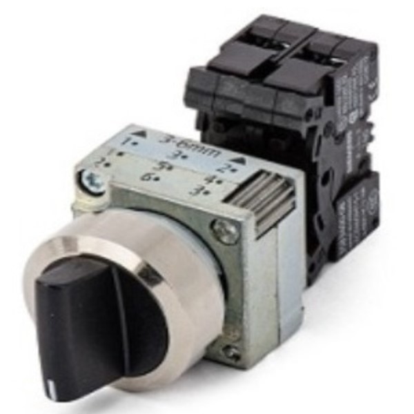 SELECTOR, 22MM, REDONDA, METAL, NEGRO, SELECTOR, CORTO, 3 PosiciónES DE MANIOBRA I-O-II, MOMENTÁNEO, ÁNGULO DE CONMUTACIÓN 2×50°, CON SOPORTE, 1 NA, 1 NA, BORNES DE TORNILLO