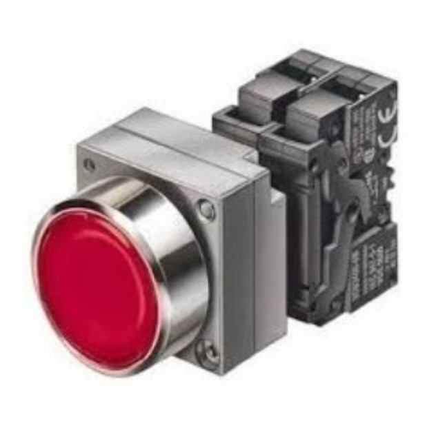 PULSADOR LUMINOSO, 22MM, REDONDA, METAL, ROJO, BOTÓN, RASANTE, CON SOPORTE, 1NC, PORTALÁMPARAS, CON LED INTGR. 24 V AC/DC, BORNES DE TORNILLO