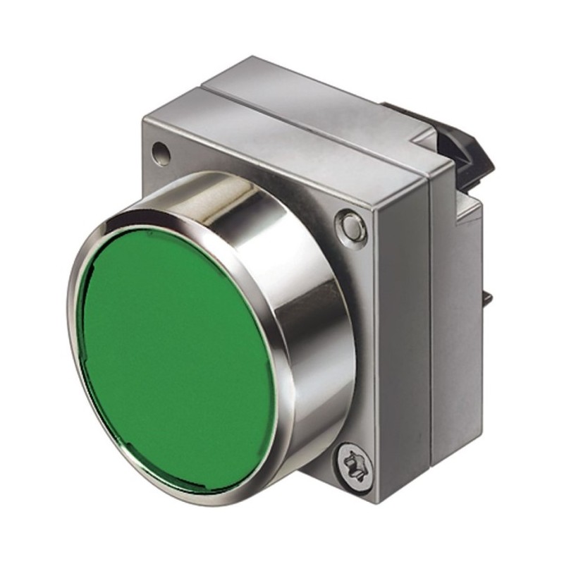 PULSADOR LUMINOSO, 22MM, REDONDA, METAL, VERDE, BOTÓN, RASANTE, CON SOPORTE, 1 NA, PORTALÁMPARAS, CON LED INTEGRADO AC 230V, BORNES DE TORNILLO