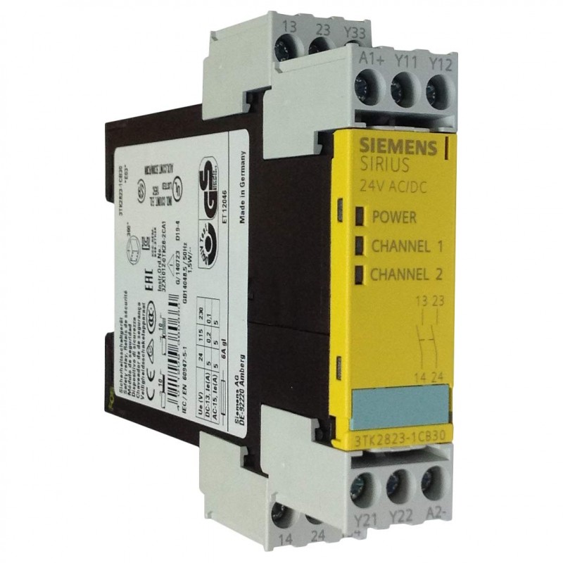 Módulo de seguridad SIRIUS con circuitos de habilitación de relé (FK) AC/DC 24 V, 22,5 mm borne de tornillo FK instantáneo: 2 NA FK retardado: 0 NA MK: 0 NC arranque vigilado aparato base máximo alcanzado SIL: 3, PL: redondos