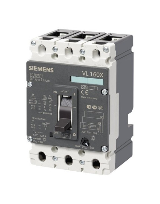 Interruptor automático VL160X N poder de corte estándar Icu=55 kA, 415V AC 3 polos, protección de distribuciones disparador de sobreintensidad TM, LI In=100 A, intensidad nominal Ir=80…100 A, protección de sobrecarga II=1000 A, protección de cortocircuito