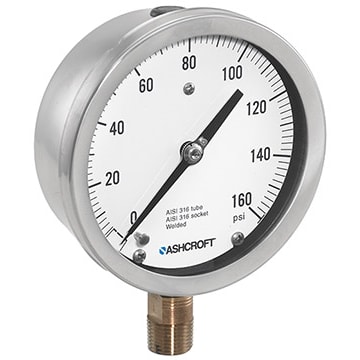 MANÓMETROS - TAMAÑO DEL DIAL 4.5IN; UNIDADES DE PRESIÓN: PSI; RANGO DE PRESIÓN: 0 A 300 PSI; MATERIAL DEL TUBO: TUBO DE ACERO INOXIDABLE 316; CONEXIÓN DE PROCESO: 1/2 PULGADA NPT; UBICACIÓN DE LA CONEXIÓN: INFERIOR; RELLENO: GLICERINA ASHCROFT