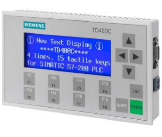 Visualizador de textos Siemens SIMATIC TD 400C (Ref: 6AV6640-0AA00-0AX1). Pantalla STN de 4 líneas (3.7) para S7-200. Incluye teclado de membrana de 15 teclas, interfaz RS485, cable de 2.5m y accesorios. Grado de protección IP65 frontal.