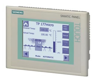 Panel de operador táctil HMI SIMATIC TP 177micro, 5.7 STN Blue Mode, comunicación RS485, compatible con PLC SIMATIC S7-200. Equipo descontinuado (Ciclo de vida finalizado).
