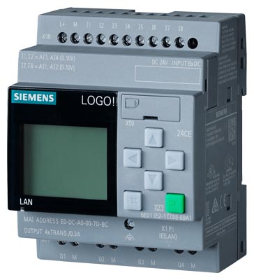 PLC Siemens LOGO! 8.4 12/24RCE, 6ED1052-1CC08-0BA1. Display, 8 entradas digitales (4 analógicas 0-10V), 4 salidas relé (10A). Alimentación 12/24V DC, Ethernet y carril DIN.
