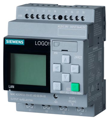 PLC Siemens LOGO! 8.4 230RCE, 6ED1052-1HB08-0BA1. Display integrado, 8 entradas digitales 115/230V AC/DC, 4 salidas a relé (10A). Ethernet, servidor web y carril DIN.