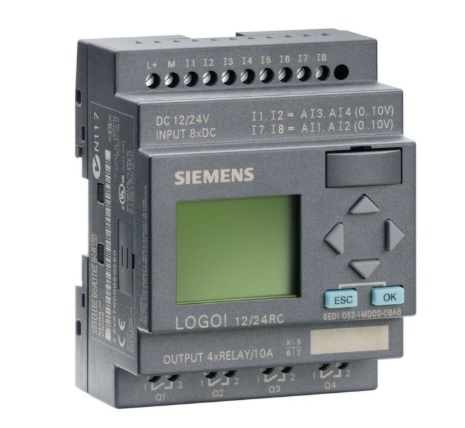 PLC Siemens LOGO! 24RC (0BA5), 6ED1052-1MD00-0BA5. Display integrado, 8 entradas digitales (4 analógicas 0-10V), 4 salidas relé (10A). Alimentación 24V DC/AC.