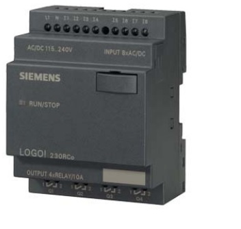 PLC Siemens LOGO! 230RC sin display, 6ED1052-2FB00-0BA6. 8 entradas digitales 115/230V AC/DC, 4 salidas relé (10A). Alimentación 115/230V AC/DC, carril DIN 35mm.