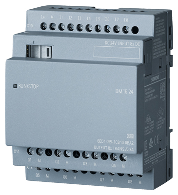 Módulo de expansión digital Siemens LOGO! DM8 24 (6ED1055-1CB10-0BA2). 4 entradas digitales (24V DC) y 4 salidas digitales (Transistor). Alimentación 24V DC. Diseñado para ampliar las capacidades de los módulos lógicos LOGO!.