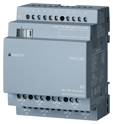 Módulo de expansión digital Siemens LOGO! DM8 230R (6ED1055-1FB10-0BA2). 4 entradas digitales (115/230V AC/DC) y 4 salidas digitales (Relé). Alimentación 115/230V AC/DC. Diseñado para ampliar sistemas lógicos LOGO! 8.