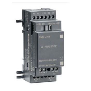 Módulo expansión digital Siemens LOGO! DM8 230R, 6ED1055-1HB00-0BA0. Alimentación 115/230V AC/DC, 4 entradas digitales AC/DC, 4 salidas a relé (5A). Carril DIN 35mm.