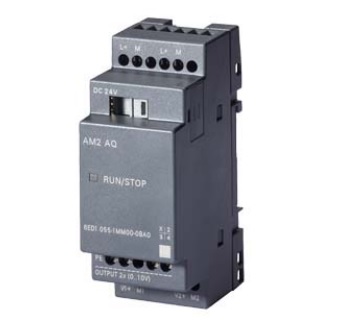 Módulo expansión analógica Siemens LOGO! AM2 AQ, 6ED1055-1MM00-0BA1. 2 salidas analógicas (0-10V / 0/4-20mA), alimentación 24V DC. Montaje carril DIN 35mm.