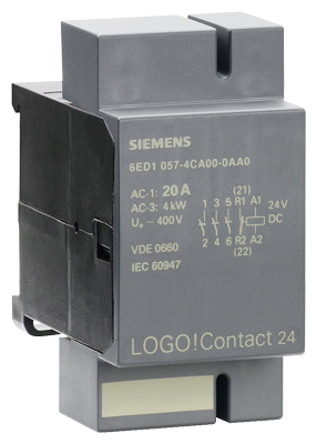 LOGO! Contact 24 Módulo interruptor para conmutación directa de cargas resistivas hasta 20 A y motores hasta 4 kW, DC 24V, 3 NA + 1 NC EAN: 4025515050742 hasta version 7