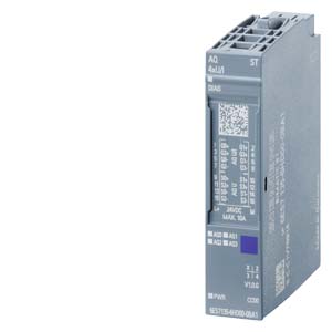 Módulo salidas analógicas Siemens SIMATIC ET 200SP AQ 4xU/I ST (6ES7135-6HD00-0BA1). 4 salidas tensión/corriente (±10V, 0-10V, 1-5V, ±20mA, 0/4-20mA), 16 bits, precisión 0.3%, diagnóstico por canal. Apto BaseUnit tipo A0/A1, código color CC00.