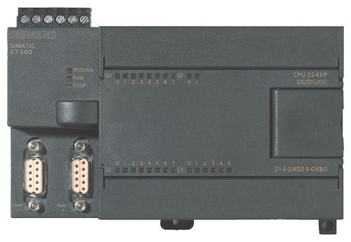 CPU Siemens SIMATIC S7-224XP (6ES7214-2AD23-0XB0). Alimentación 24V DC. E/S: 14DI/10DO (Transistor). 2AI/1AO. Alta velocidad, 2 puertos RS-485. Ideal para control de movimiento/posicionamiento. Producto descontinuado, como repuesto industrial.