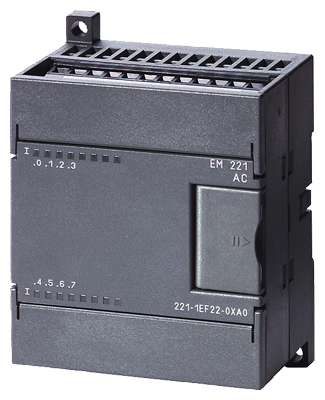 Módulo de entradas digitales Siemens EM 221, 8 entradas 24VDC, sink/source. Ref: 6ES7221-1BF22-0XA0. Compatible con S7-200. Producto descontinuado, disponible como repuesto para mantenimiento de equipos industriales antiguos.