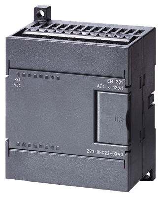 Siemens SIMATIC S7-200 EM 231. Módulo de 8 entradas analógicas (0-10V) para CPUs S7-22X. Admite hasta 2 entradas de 0-20mA. Resolución de 12 bits. Módulo de expansión compacto para adquisición de datos analógicos industriales.