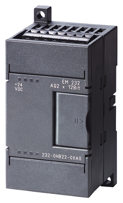 Módulo salidas analógicas Siemens EM 232, 2 salidas (±10V/0-20mA), 12 bits. Ref: 6ES7232-0HB22-0XA0. Compatible con S7-200. Producto descontinuado, disponible como repuesto para mantenimiento de sistemas industriales existentes.