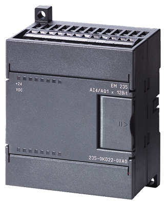 Módulo mixto analógico Siemens EM 235, 4 entradas / 1 salida analógica, 12 bits. Ref: 6ES7235-0KD22-0XA0. Compatible con S7-200. Producto descontinuado, disponible como repuesto para mantenimiento de sistemas industriales antiguos.