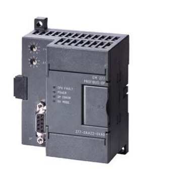Módulo de acoplamiento Siemens PROFIBUS DP Slave (6ES7277-0AA22-0XA0). Permite integrar el PLC S7-200 en redes PROFIBUS como nodo esclavo. Interfaz RS-485. Producto descontinuado, disponible como repuesto industrial.