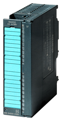 SIMATIC S7-300, Salida analógica SM 332, aislado galvánicamente, 4 AO, U/I; diagnóstico; resolución de 11/12 bits, 20 polos, desenchufar y enchufar con bus de fondo activo posible