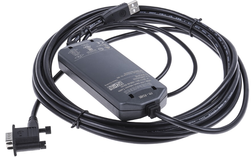 Cable de programación PC/PPI Siemens (6ES7901-3DB30-0XA0). Conversor USB a RS-485 para PLC S7-200. Permite la comunicación entre PC (USB) y el autómata (Sub-D 9 pines). Producto descontinuado, disponible como repuesto industrial.
