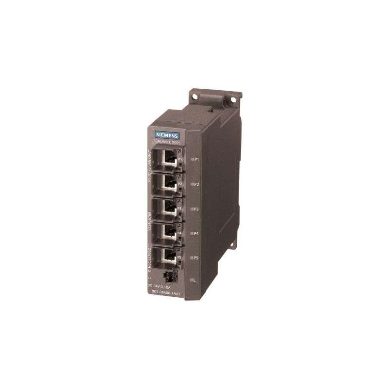 SCALANCE X005, IE Entry Level Switch unmanaged, 5 puertos RJ45 10/100 Mbits/s, diagnóstico LED, IP30, alimentación de 24 V DC, collar de sujeción conforme con PROFINET, manual disponible para la descarga