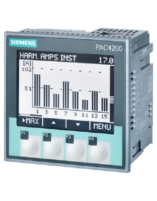 SENTRON, aparato de medida, 7KM PAC4200, LCD, L-L: 690 V, L-N: 400 V, 5 A, 3 fases, Modbus TCP, opcional Modbus RTU / PROFINET/PROFIBUS/DI/DO, Energía aparente / activa / reactiva /cos phi, armónicos: 3.º-31.º, THD, clase 0,2 según IEC61557-12 o bien clas