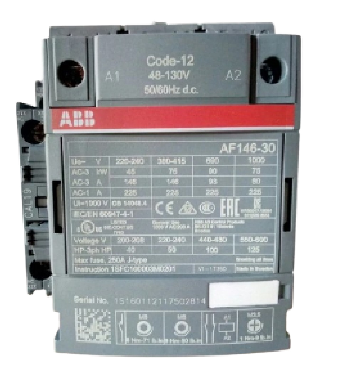 Contactor Marca ABB, 3P, AC3-146A, 690V, Bobina de rengo 100-250Vac/dc