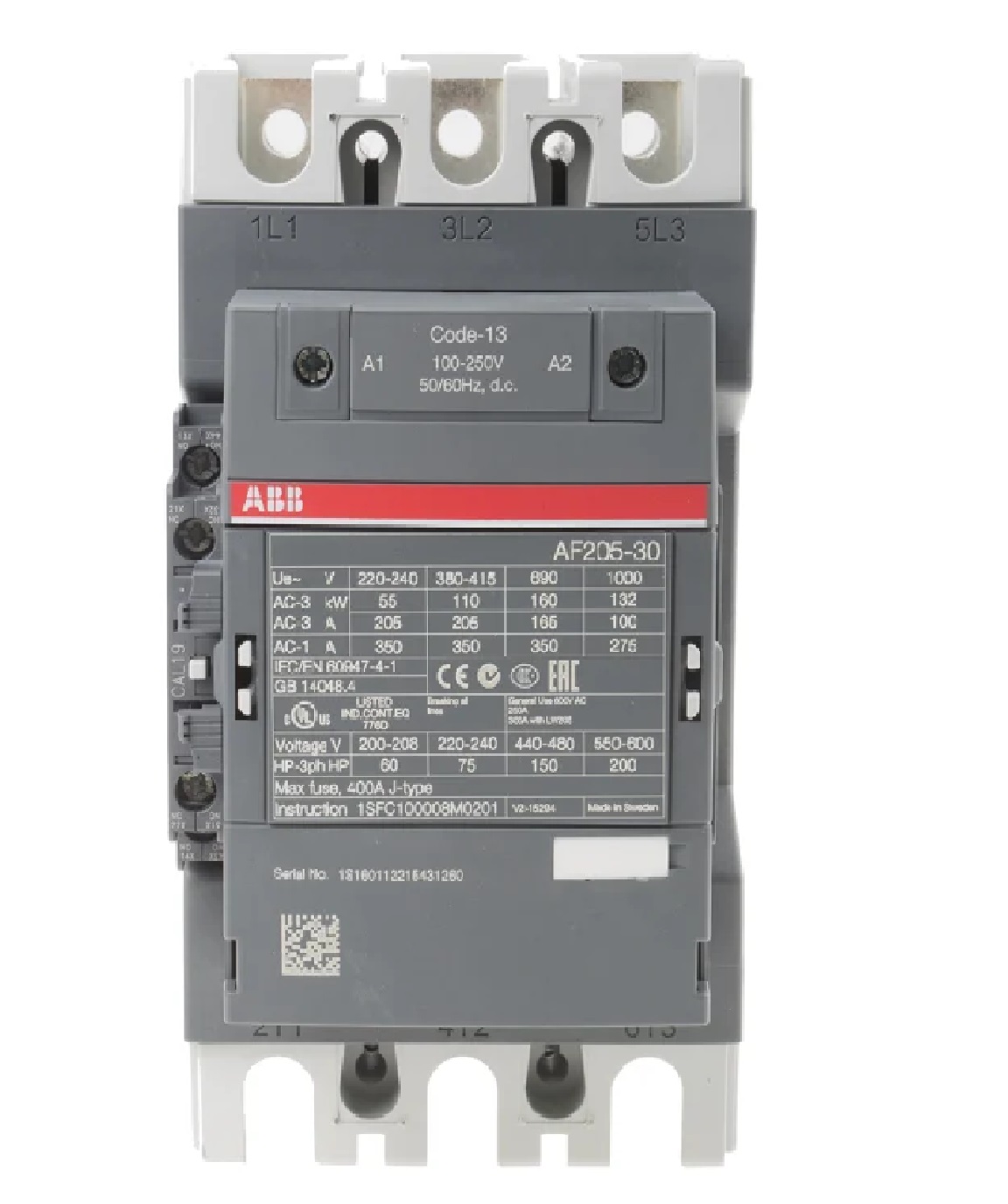 Contactor Marca ABB, 3P, AC3-205A, 690V, Bobina de rengo 100-250Vac/dc