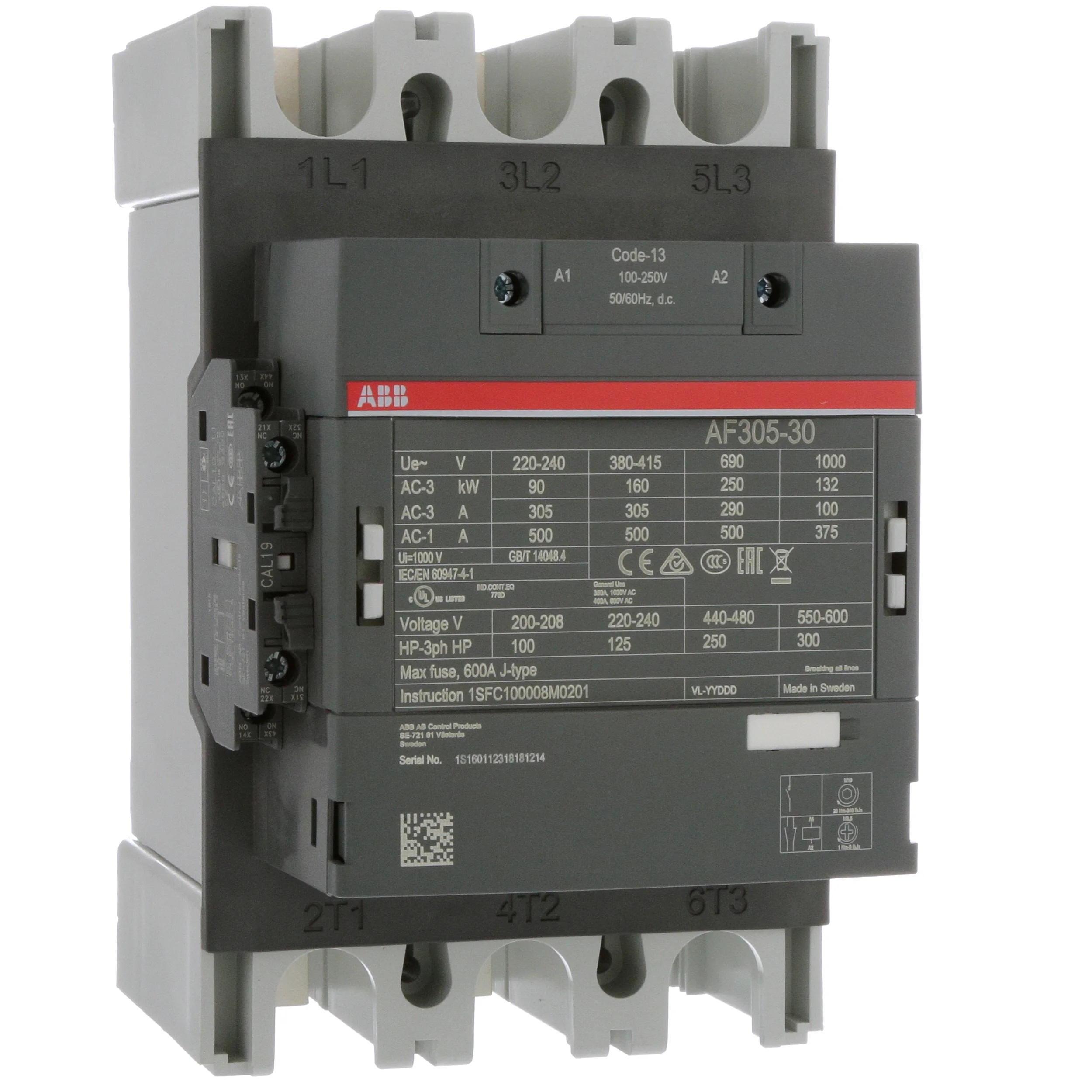 Contactor Marca ABB, 3P, AC3-305A, 690V, Bobina de rengo 100-250Vac/dc