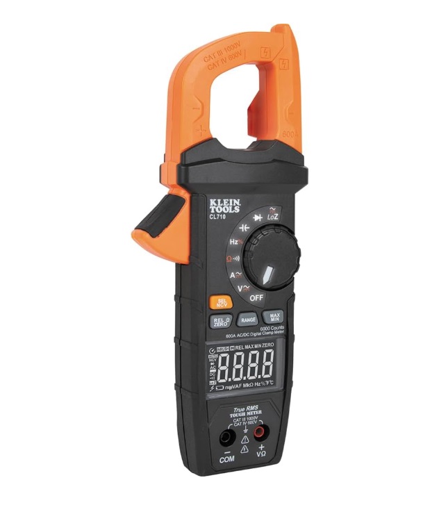 Pinza amperimétrica digital Klein Tools CL710 Pro con dial iluminado, rango automático de 600 A CA/CC, TRMS, NCVT, LCD de 6000 cuentas, mide corriente, LOZ, continuidad y frecuencia.