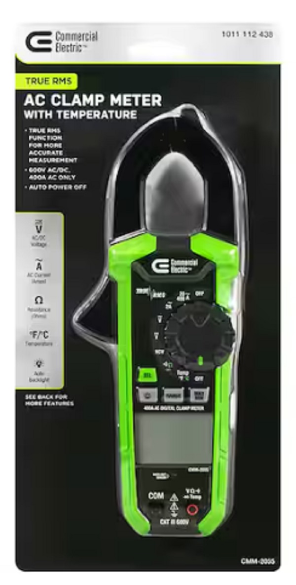 PINZA AMPERIMÉTRICA ELÉCTRICA COMERCIAL TRUE RMS AC CON TEMPERATURA AC/DC 600V CMM-2055