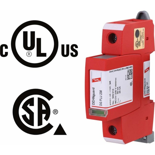 Supresor tipo 1 bajo UL, Clase II bajo IEC, Voltaje nominal 127Vac 1 polo + Neutro/Tierra, Corriente de descarga máxima 50kA, Corriente nominal de descarga 20kA, Voltaje de protección 700Vpico), montaje en riel DIN.  DEHN