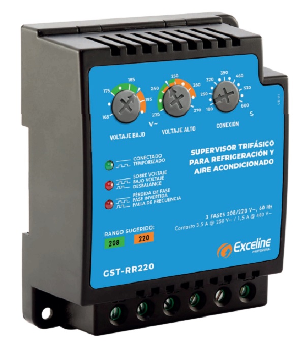 SUPERVISOR TRIFÁSICO PARA REFRIGERACIÓN Y AIRE ACONDICIONADO 208/220 VAC 165 a 200V/230 270V Temporizado 180...600s