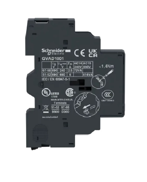 Bloque de contactos auxiliares instantáneos y de falla Lateral 1NC+ 1NA. para operar hasta 6 A/690Vac y 6 A/240Vdc.