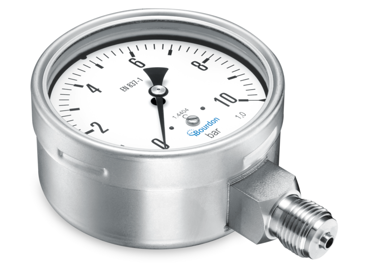 Bourdon MEX5 Pressure Gauge, stainless steel,Mounting Type Bottom connection, Process Connection NPT 1/2in, Low viscosity glycerin/water, 0 to 600psi, DIAL 4'' Adjustable micro metric pointer