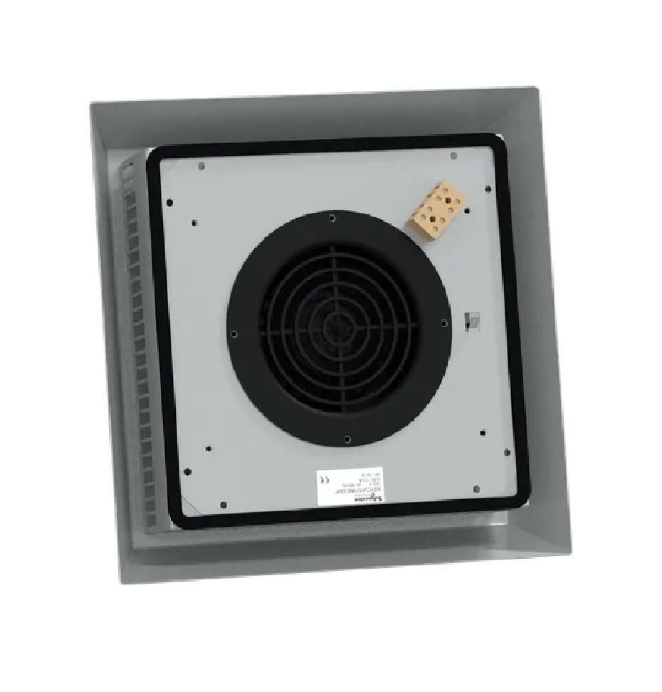 Ventilador forzado ClimaSys CV. Parasol superior con ventilador. 230 V 50 Hz o 60 Hz. 85 W 50 Hz, 85 W 60 Hz. Caudal libre con filtro estándar de 573 m3/h a 50 Hz y 350 m3/h a 60 Hz. 96 x 340 x 340 mm Dimensiones del orificio de 228 x 228 mm