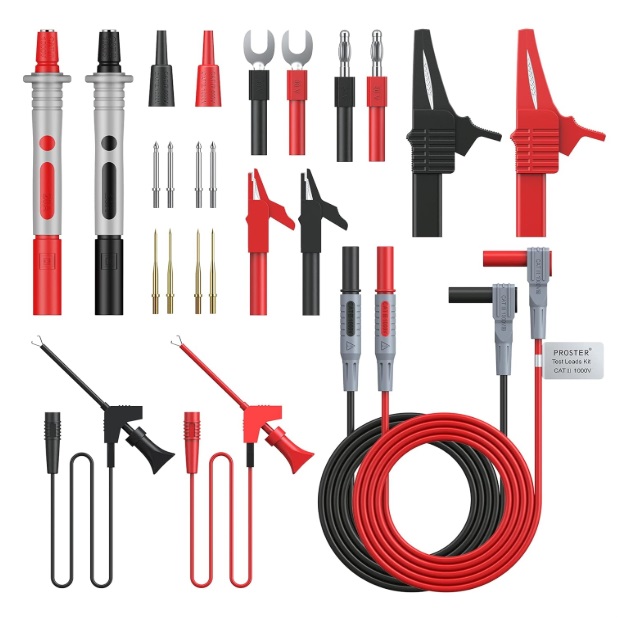 Proster Cable de prueba de multímetro eléctrico, 24 piezas, multiprobador, sonda multímetro, clips de cocodrilo, pinza de voltaje reemplazable, cable de prueba electrónico