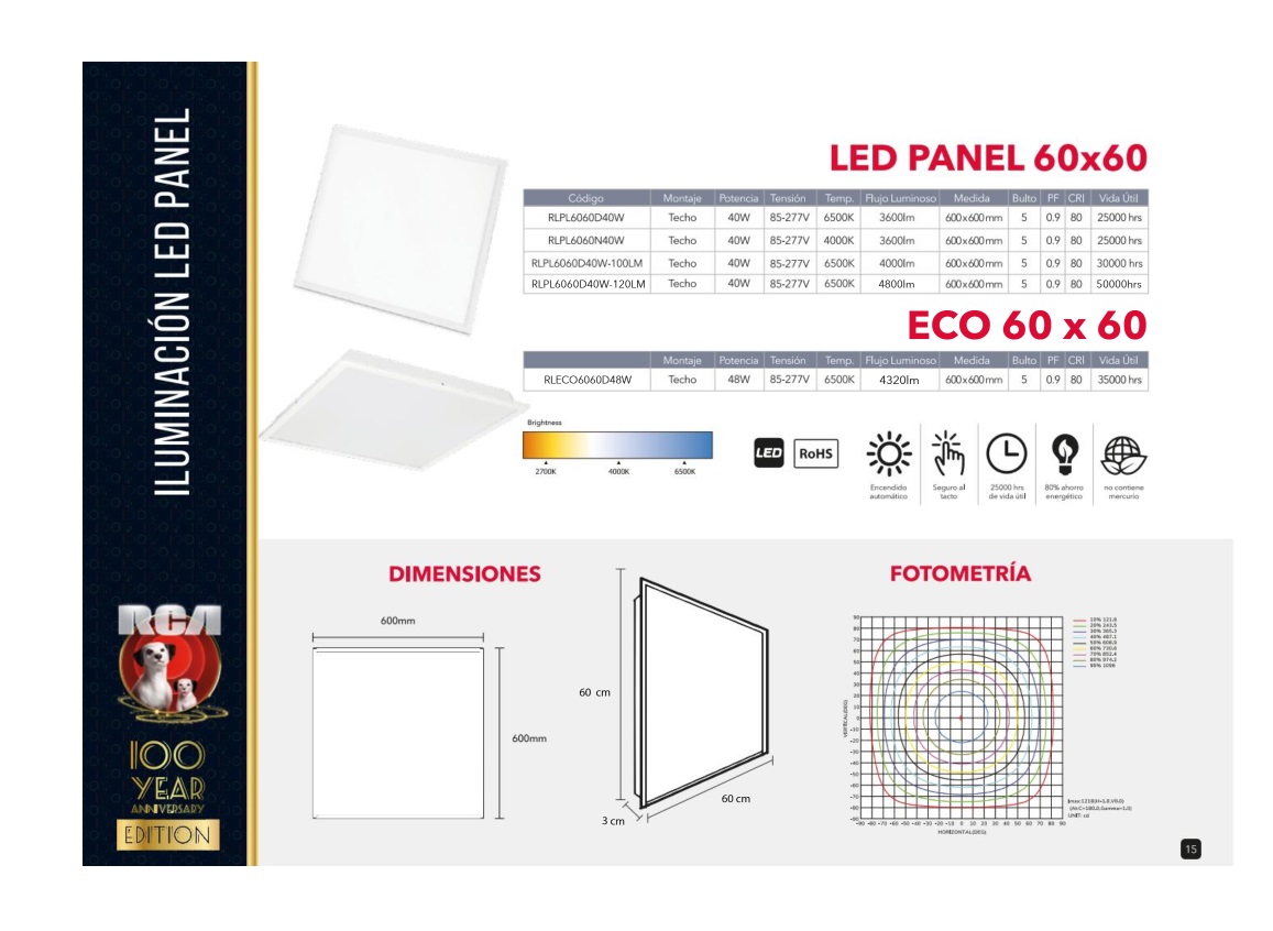 Panel LED cuadrado Empotrable de 48W, 60X60Cm 85-277V, 35000H Luz Blanca RCA