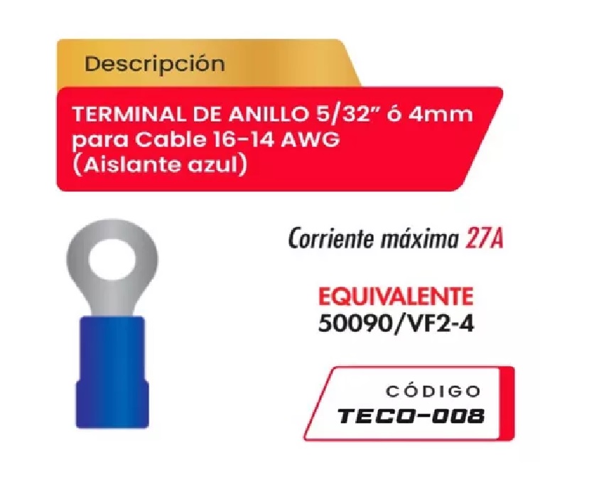 Terminal tipo anillo 5/32 para conductores de cobre calibre 16-14AWG (100 UNID)