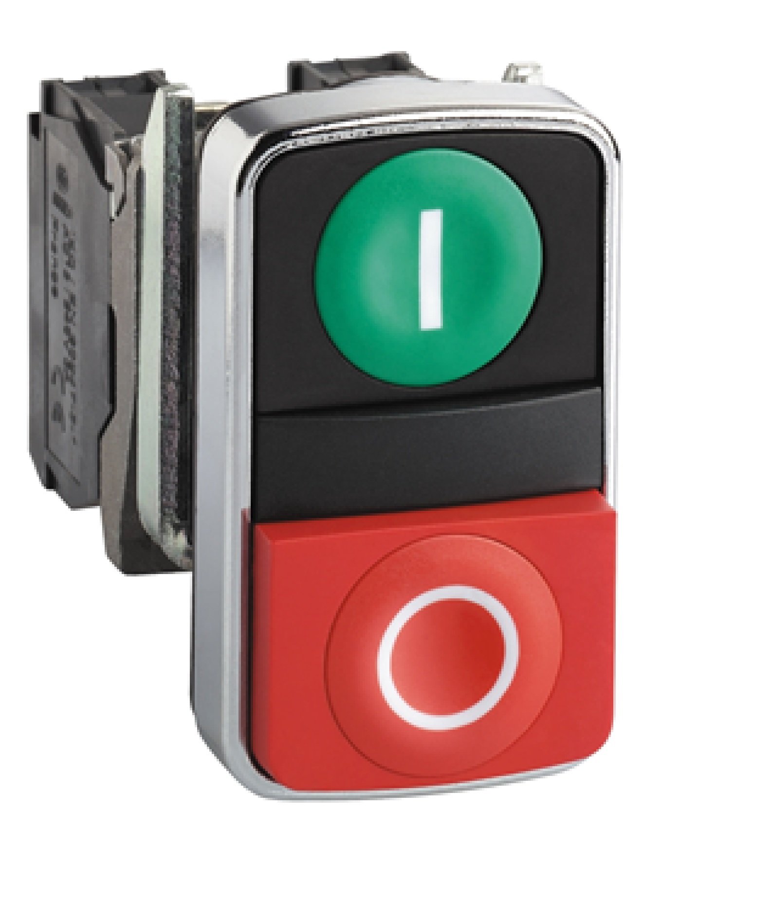 Pulsador de dos accionadores verde+rojo Ø 22mm. retorNA de resorte. 1 NA + 1 NC