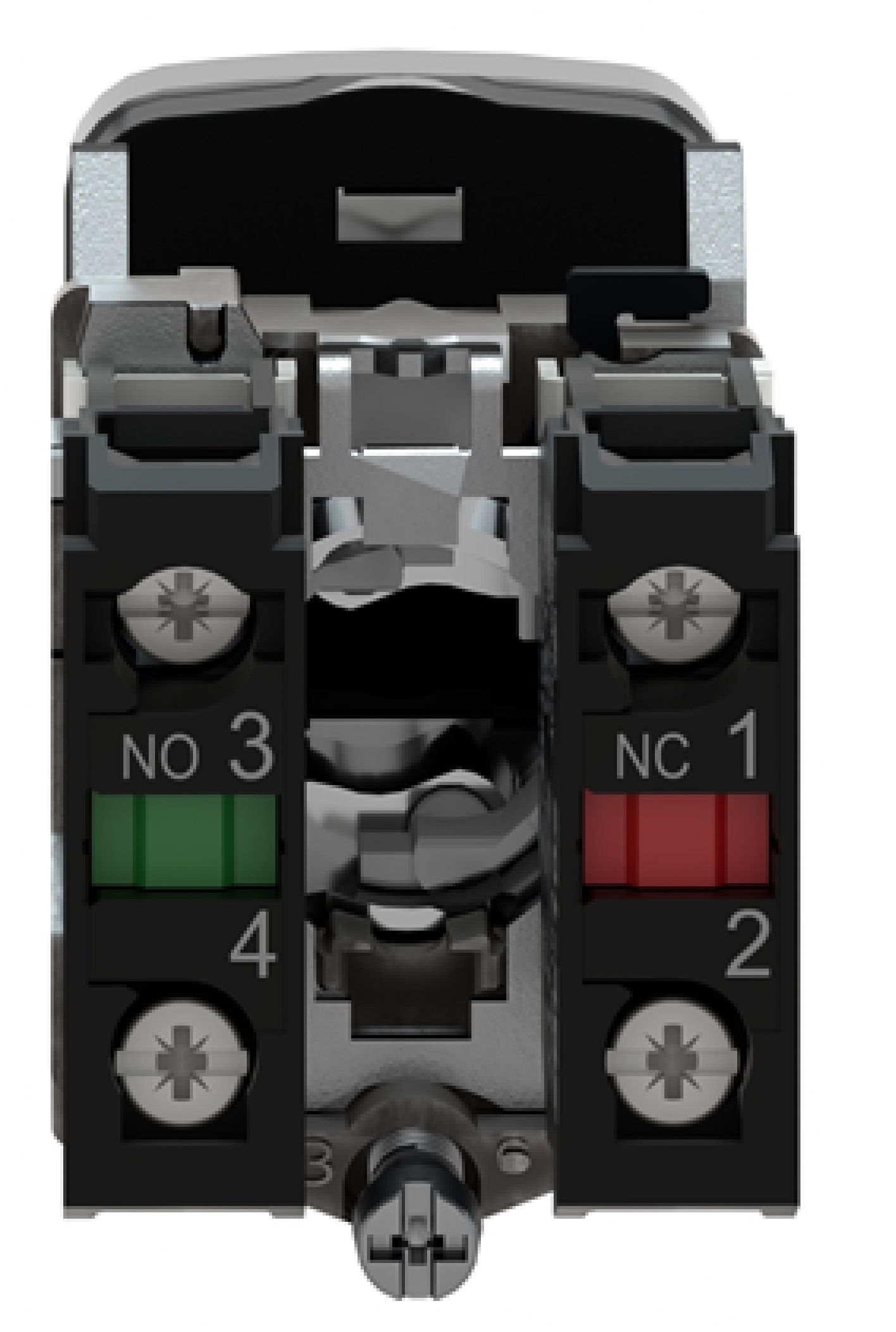 Pulsador de dos accionadores verde+rojo Ø 22mm. retorNA de resorte. 1 NA + 1 NC