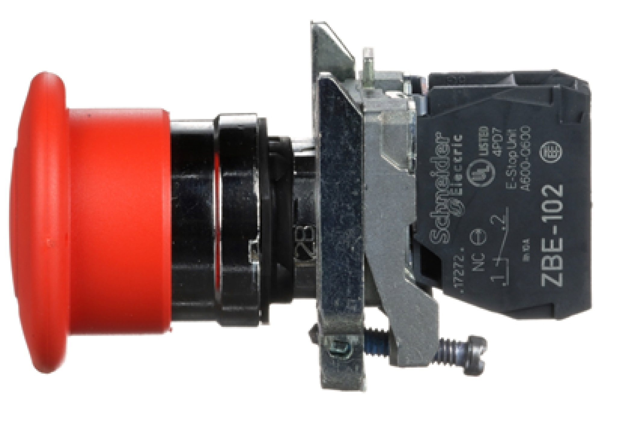 Parada de emergencia roja Ø22mm. Cabeza en forma de seta 40mm. desenclavamiento por tirón. 1 NC