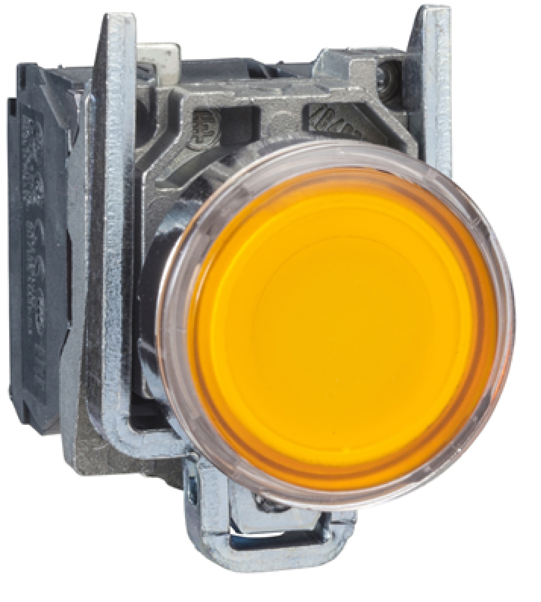 Pulsador lumiNAso amarillo Ø 22mm. retorNA de resorte nivelado. 250 V. 1 NA + 1 NC