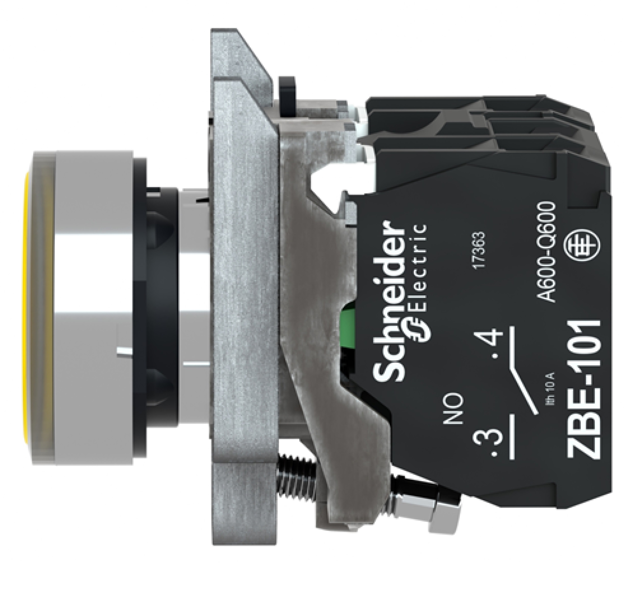 Pulsador lumiNAso amarillo Ø 22mm. retorNA de resorte nivelado. 250 V. 1 NA + 1 NC